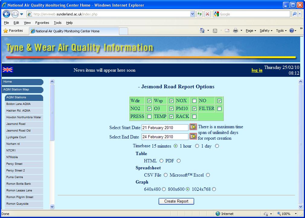 Envitech EnviWebStation Report Dialog Box - Example for "Jesmond Road" AQM/CEM station. The user should check the relevant monitors that will be included in the report and set start & end date, time base and plot type: Table, Spreadsheet or Graph.