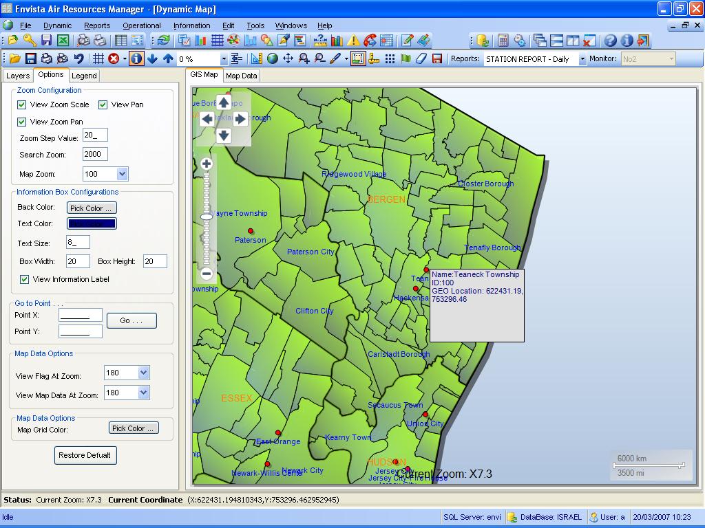 Envitech Envista ARM Dynamic Map-Example from NJ Map including several stations (red dots) while the mouse is over "Teaneck Township" station and the popup window indicate its name, ID and location