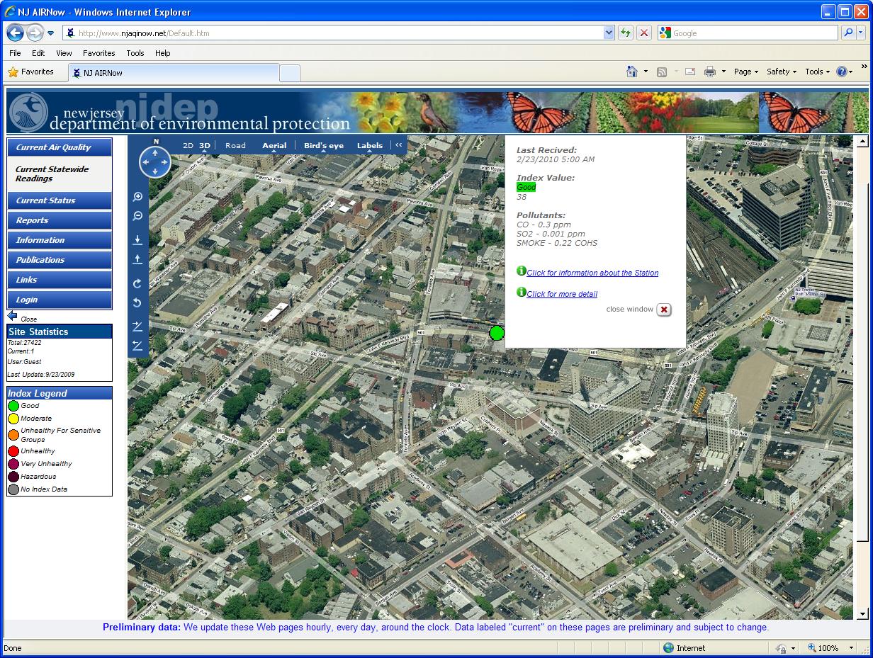 Envitech EnvistaWeb Bird's Eye Map that is a high quality close viewing of the 3-dimensions area map. In this example you can see the popup card of a station in NJ indicating its pollutants, air quality index and an option to display the station information screen.